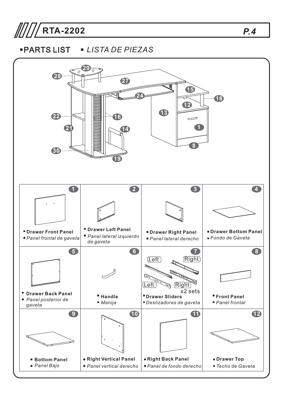 Parts list lista de piezas | RTA Products RTA-2202 User Manual | Page 4 / 22