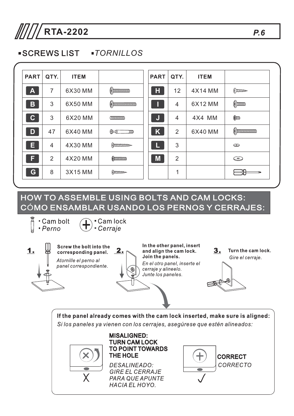 Rta-2202, Screws list tornillos | RTA Products RTA-2202 User Manual | Page 6 / 22