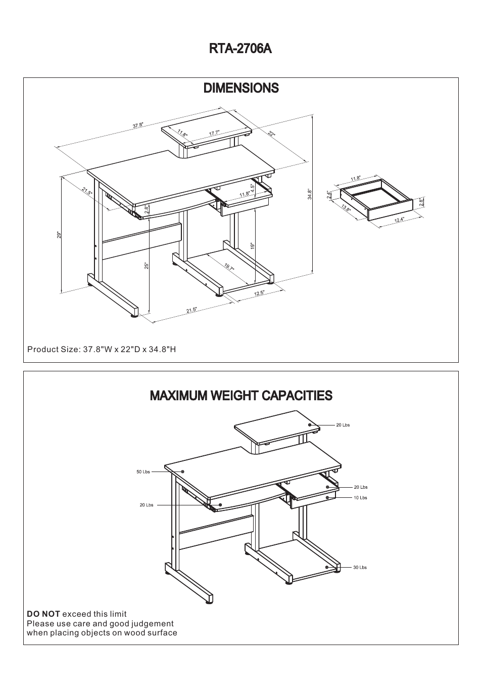 Rta-2706a dimensions maximum weight capacities | RTA Products RTA-2706 User Manual | Page 3 / 15