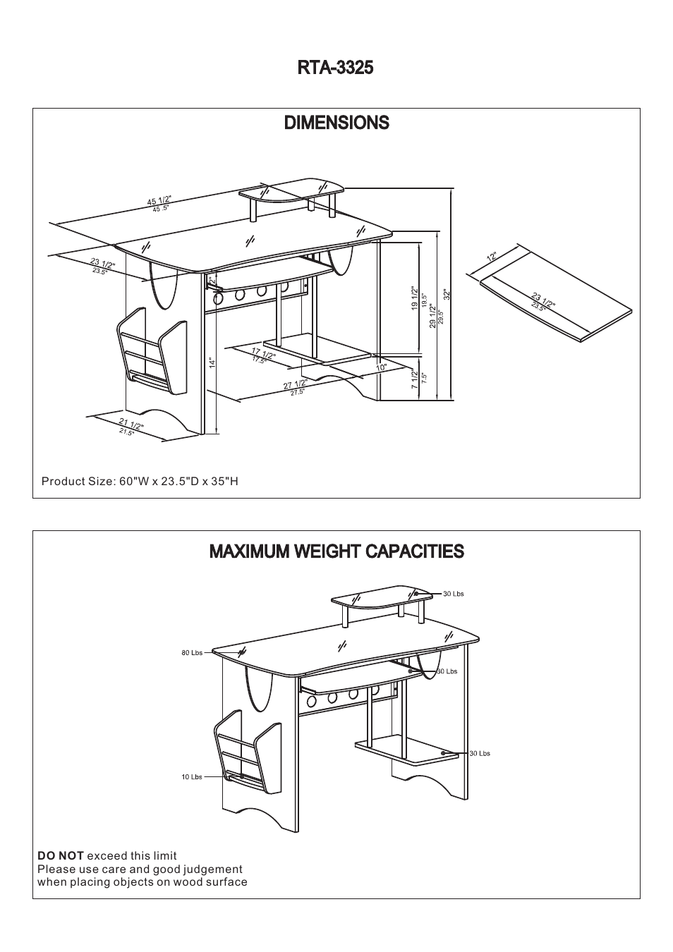 Rta-3325 dimensions maximum weight capacities | RTA Products RTA-3325 User Manual | Page 3 / 15