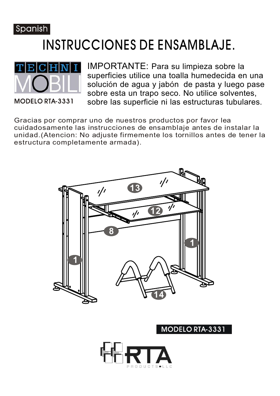 Instrucciones de ensamblaje | RTA Products RTA-3331 User Manual | Page 2 / 9