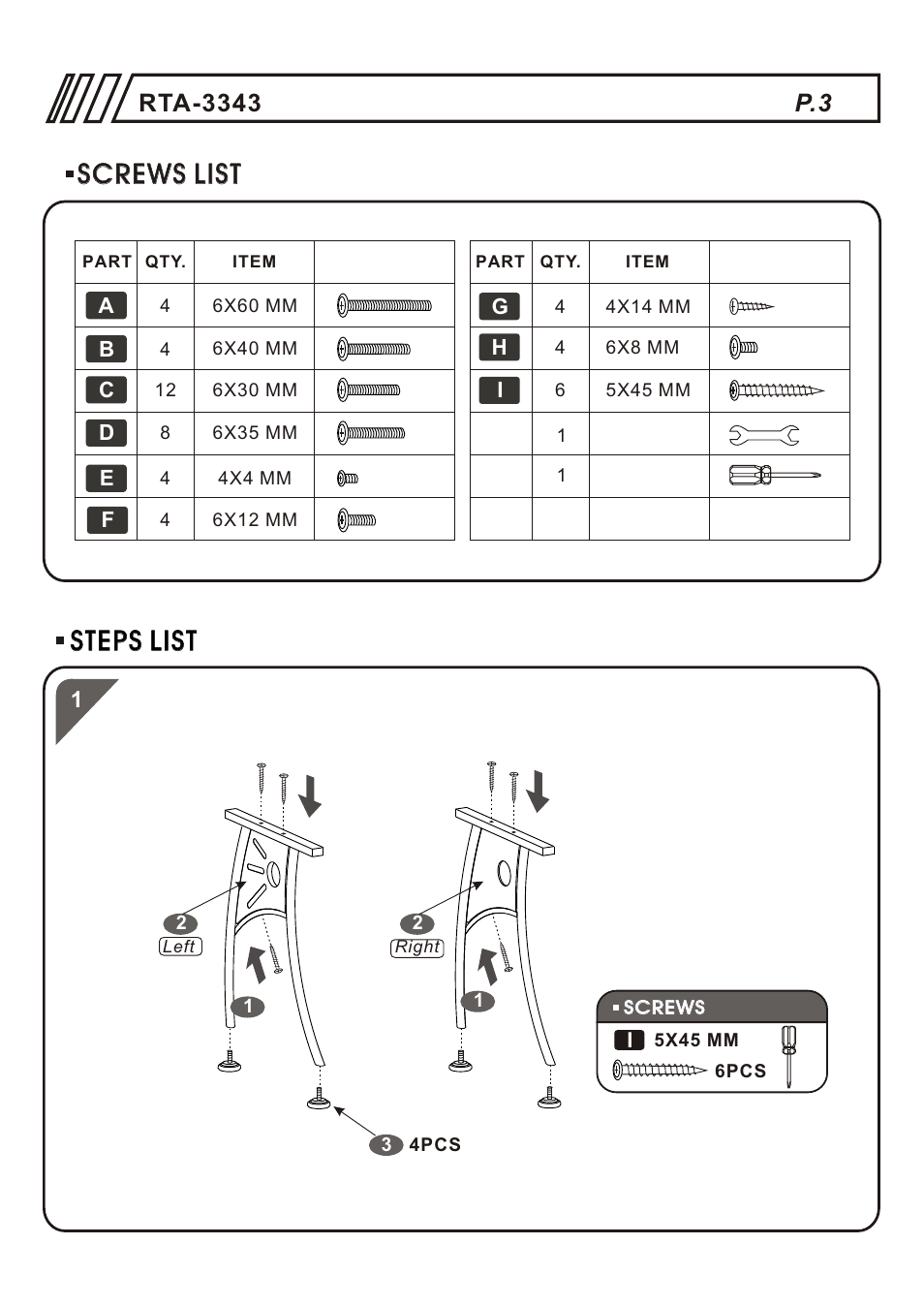 Т³гж 3, Steps list, Screws list | RTA Products RTA-3343 User Manual | Page 4 / 8