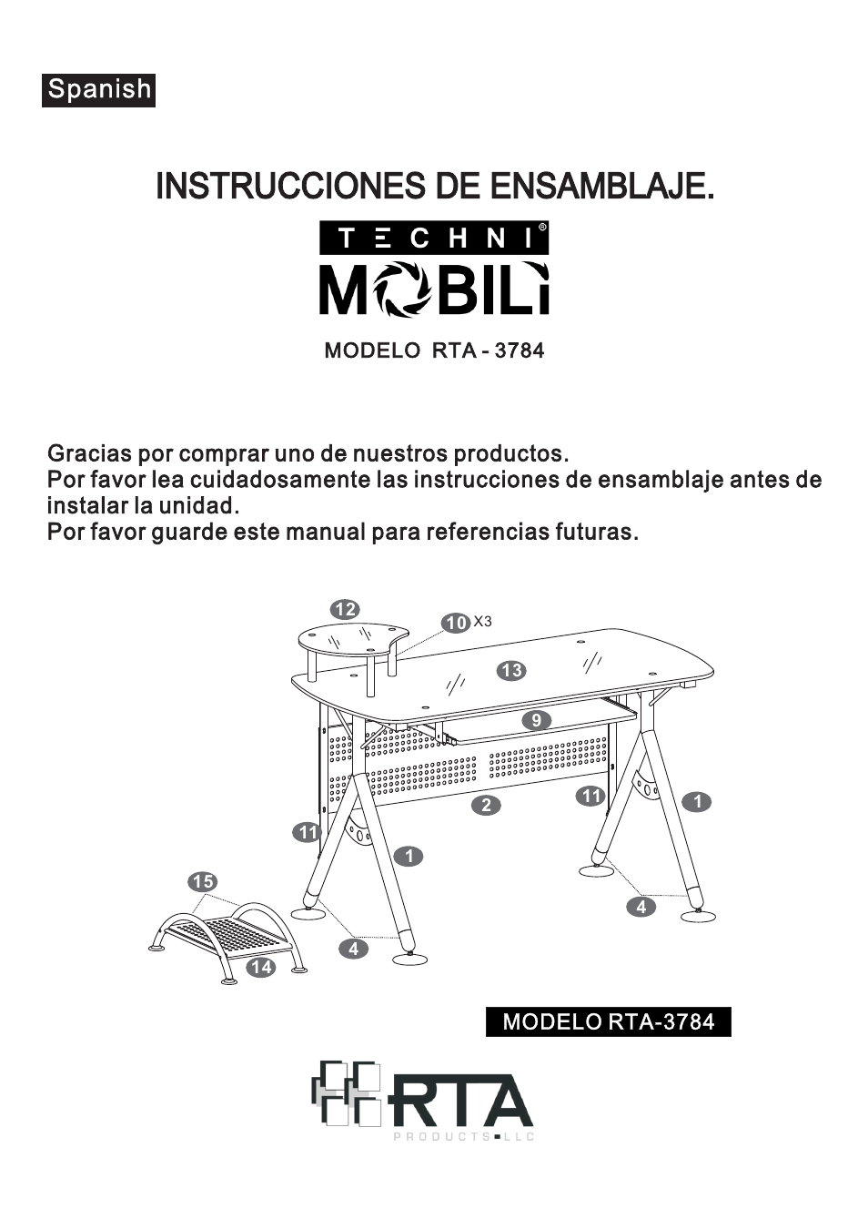 Instrucciones de ensamblaje, Spanish | RTA Products RTA-3784 User Manual | Page 2 / 14
