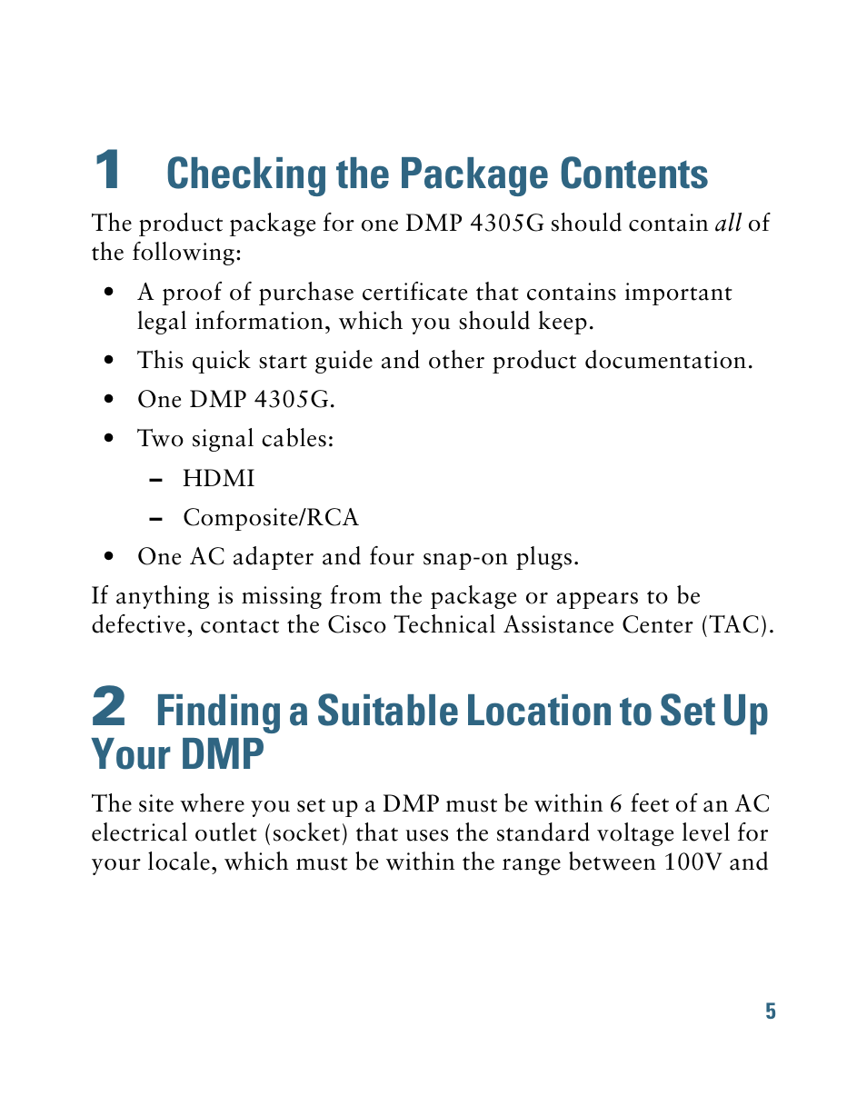 1 checking the package contents, 2 finding a suitable location to set up your dmp, Checking the package contents | Finding a suitable location to set up your dmp | Cisco 4305G User Manual | Page 5 / 28