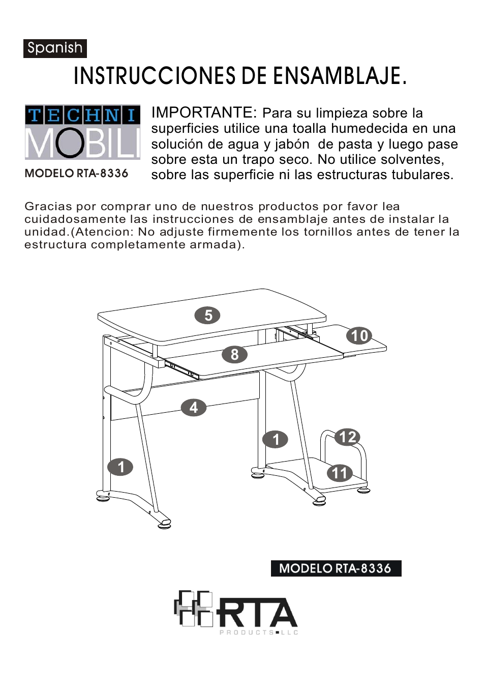 Instrucciones de ensamblaje | RTA Products RTA-8336 User Manual | Page 2 / 8