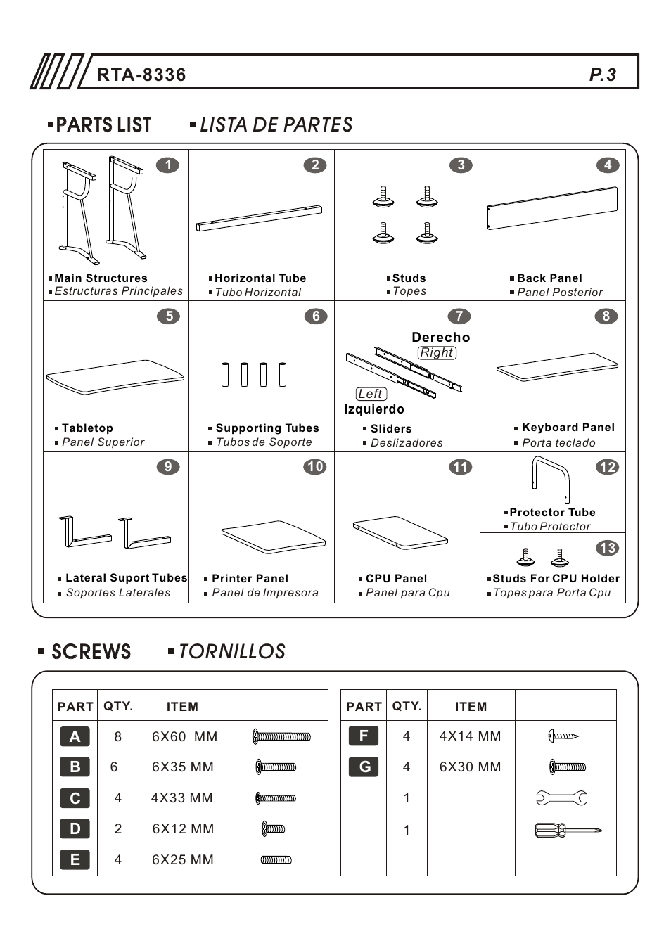 Lista de partes parts list parts list, Screws, Screws tornillos | RTA Products RTA-8336 User Manual | Page 3 / 8
