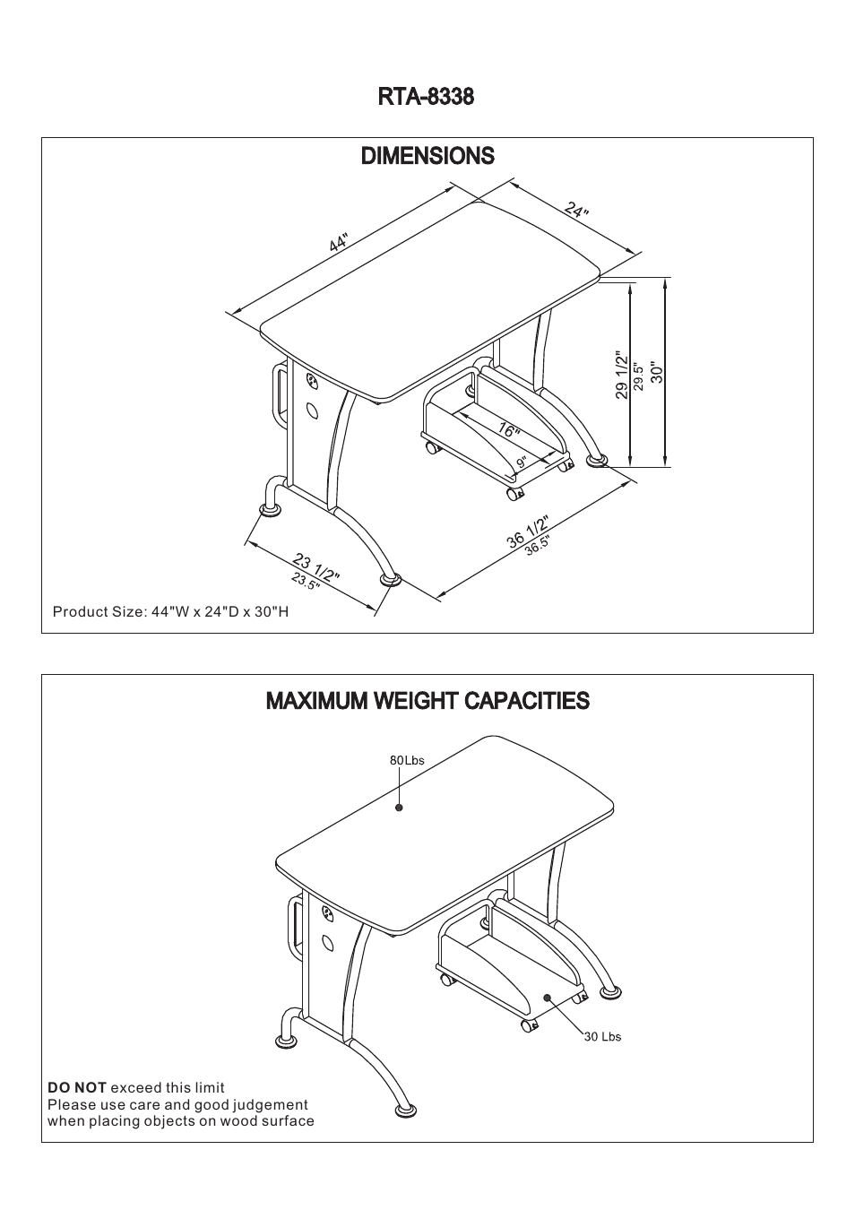 Rta-8338 dimensions maximum weight capacities | RTA Products RTA-8338 User Manual | Page 2 / 9