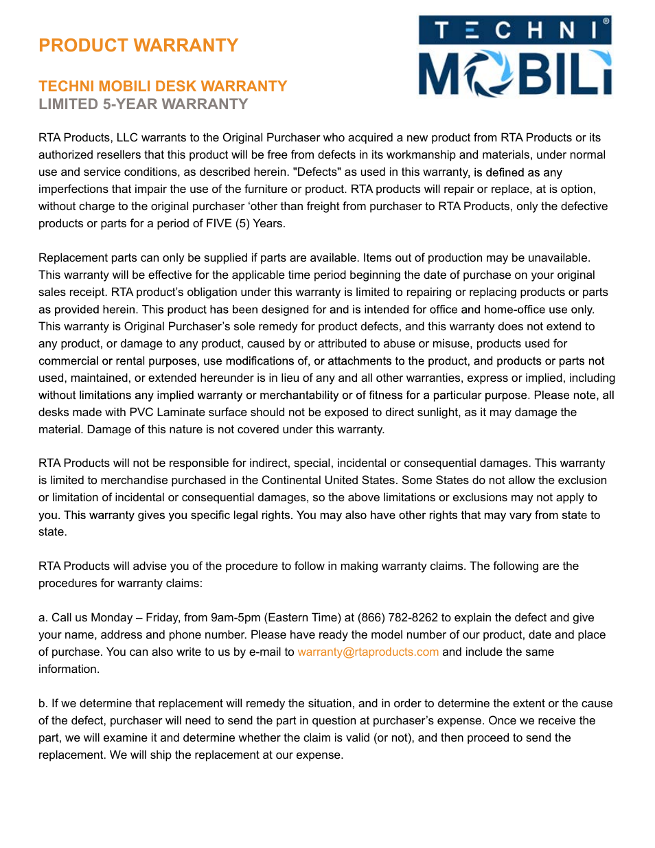 Product warranty | RTA Products RTA-8338 User Manual | Page 9 / 9