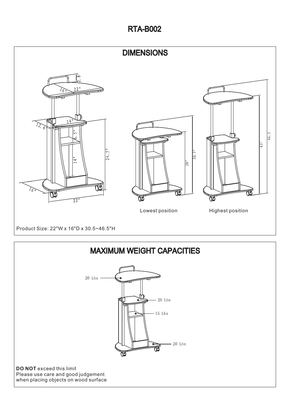 Rta-b002 dimensions maximum weight capacities | RTA Products RTA-B002 User Manual | Page 3 / 14