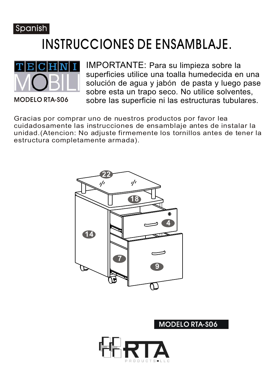 Instrucciones de ensamblaje, Importante | RTA Products RTA-S06 User Manual | Page 2 / 18