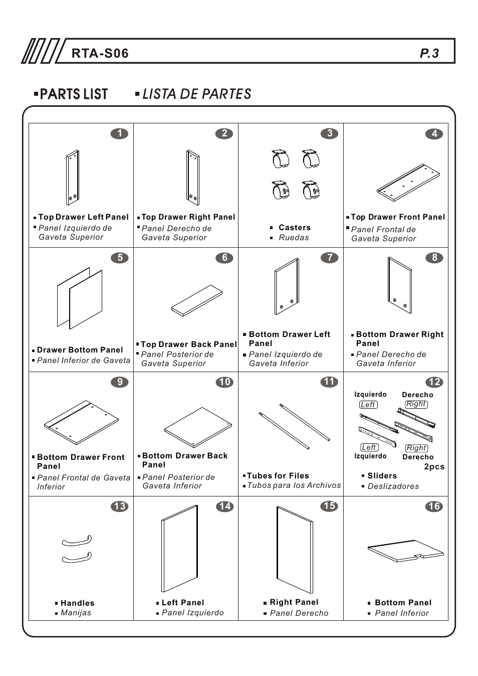 Lista de partes parts list parts list, Rta-s06 p.3 | RTA Products RTA-S06 User Manual | Page 3 / 18
