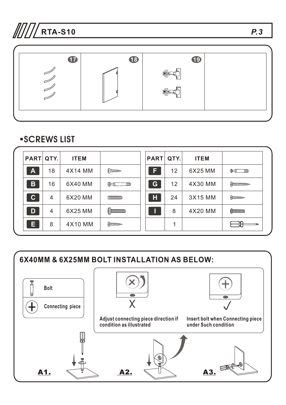 Screws list, Rta-s10 p.3 | RTA Products RTA-S10 User Manual | Page 3 / 11