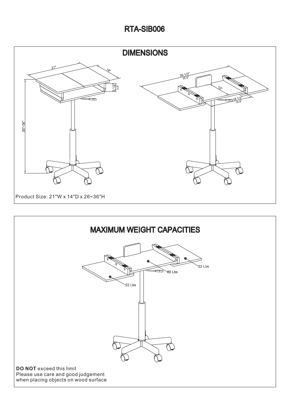 Rta-sib006 dimensions maximum weight capacities | RTA Products RTA-B006 User Manual | Page 3 / 11