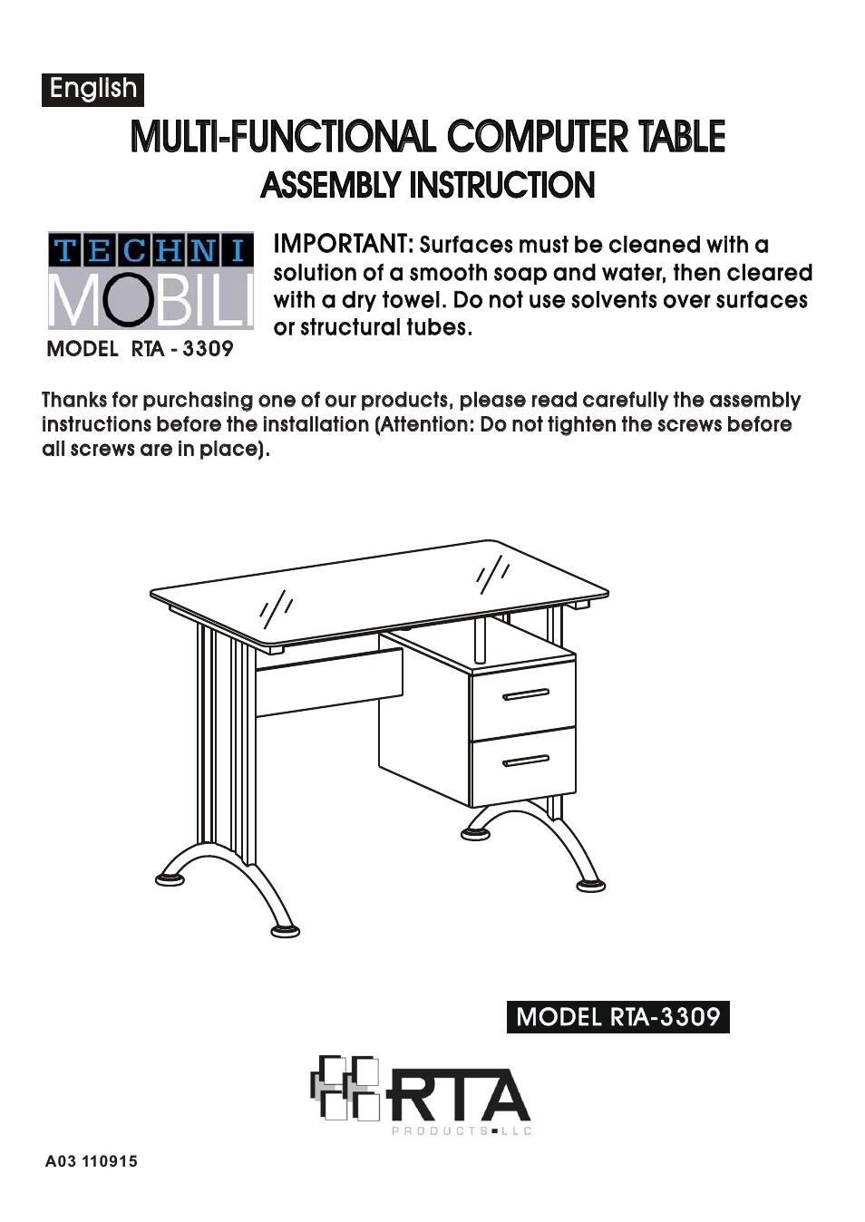 RTA Products RTA-3309 User Manual | 10 pages