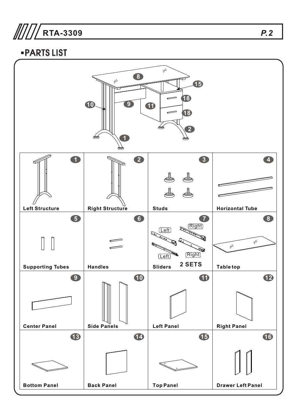 Parts list | RTA Products RTA-3309 User Manual | Page 2 / 10