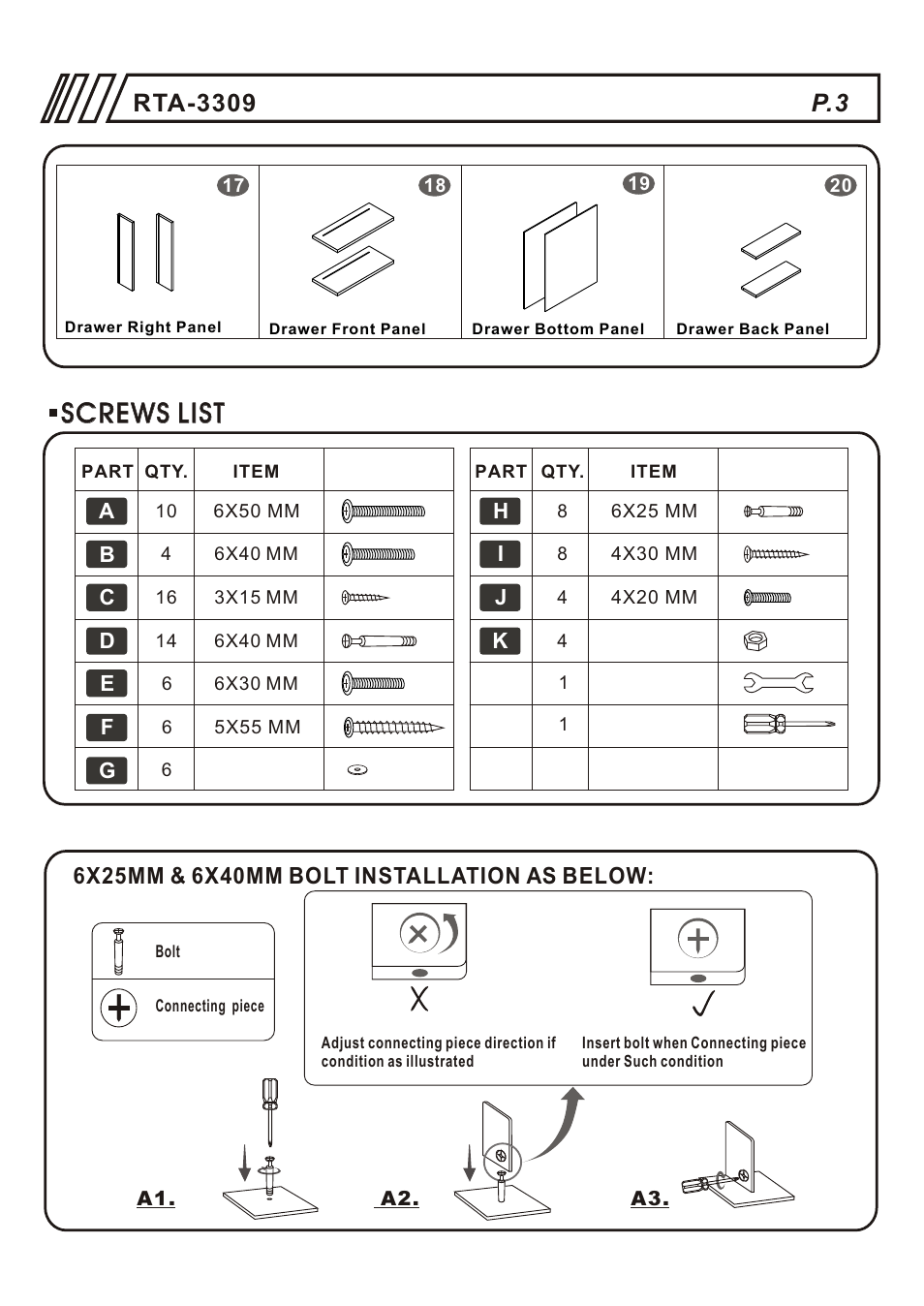 Screws list | RTA Products RTA-3309 User Manual | Page 3 / 10