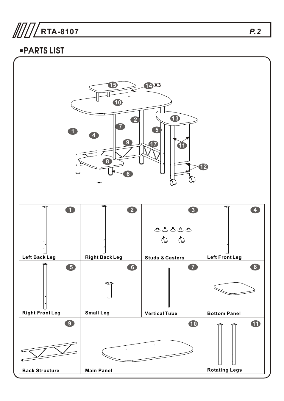 Parts list | RTA Products RTA-8107 User Manual | Page 2 / 10