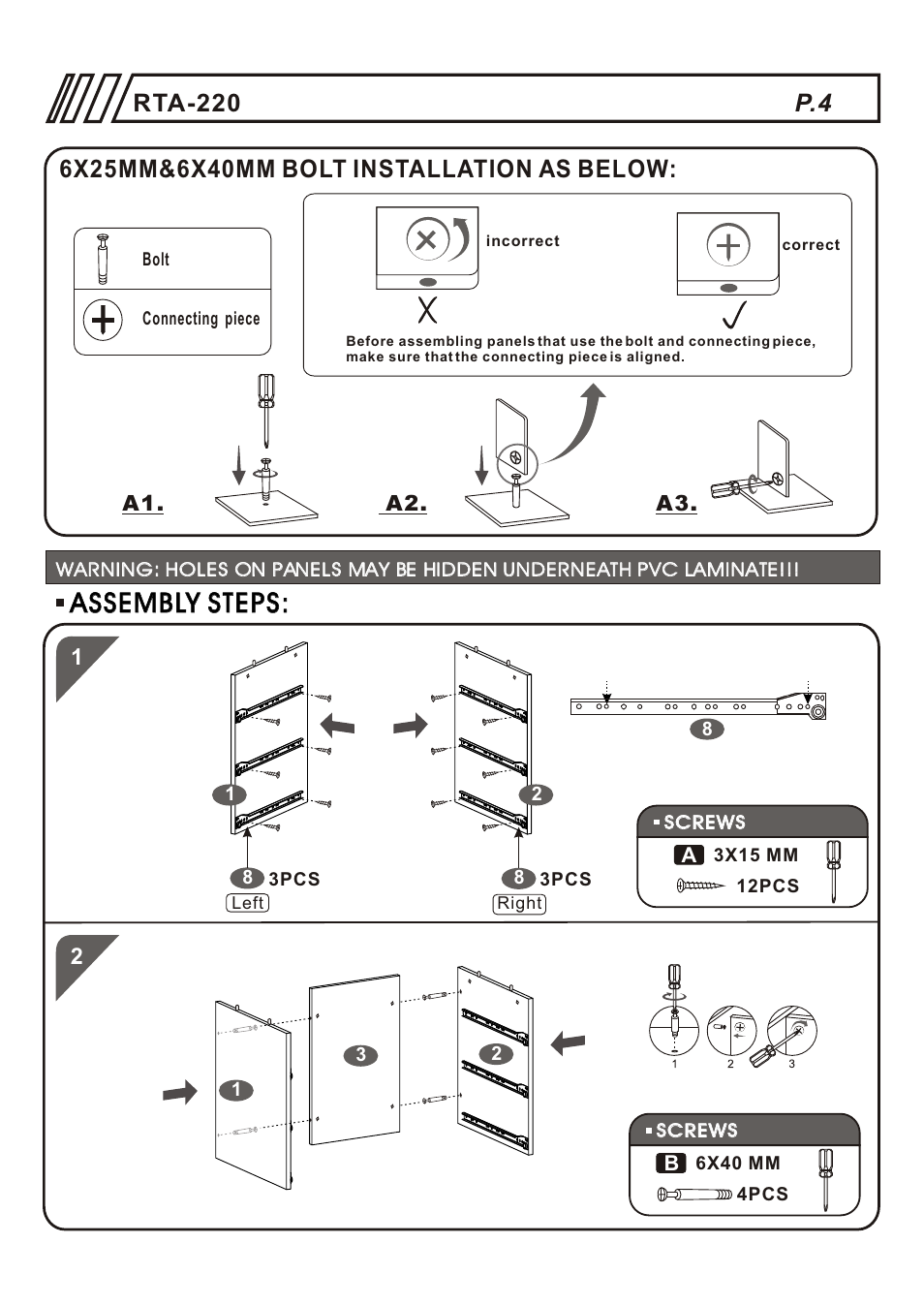 Т³гж 4, Assembly steps, Rta-220 | RTA Products RTA-220AB User Manual | Page 4 / 12