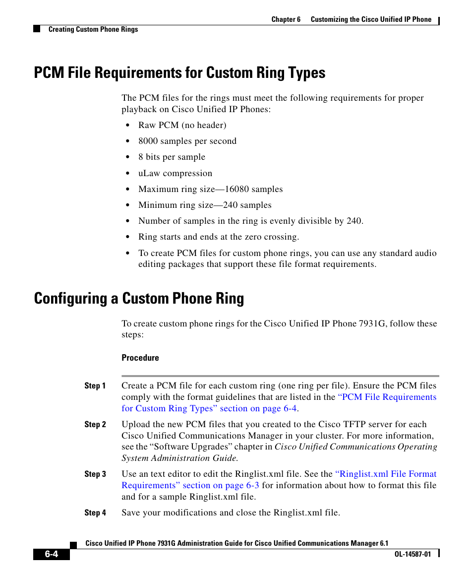 Pcm file requirements for custom ring types, Configuring a custom phone ring | Cisco UNIFIED 7931G User Manual | Page 4 / 10