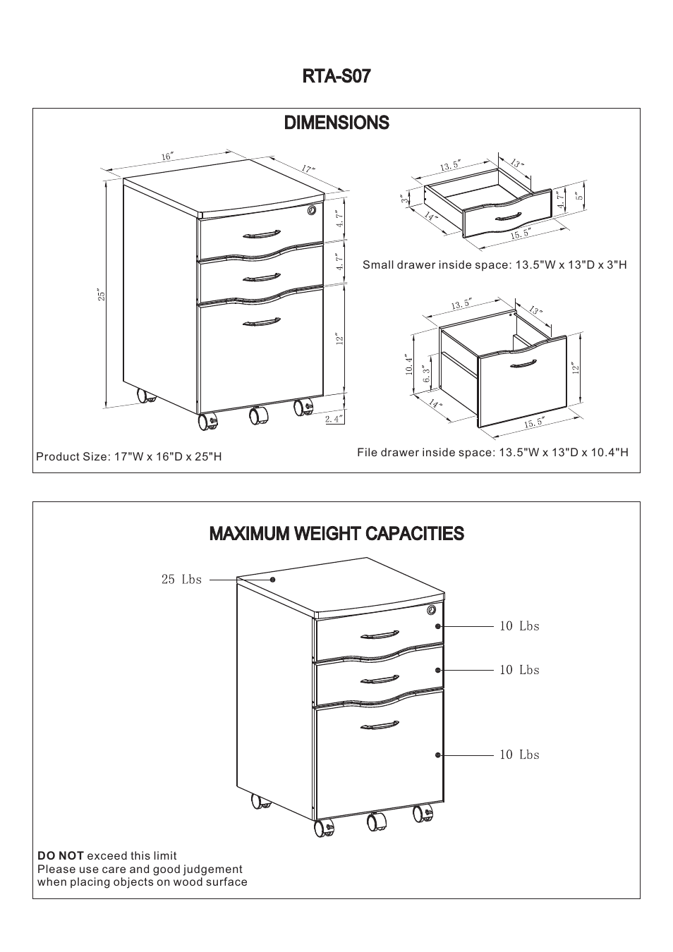 Rta-s07 dimensions maximum weight capacities | RTA Products RTA-S07 User Manual | Page 2 / 17