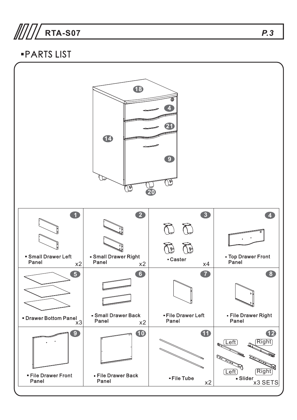 Parts list, Rta-s07 p.3 | RTA Products RTA-S07 User Manual | Page 3 / 17