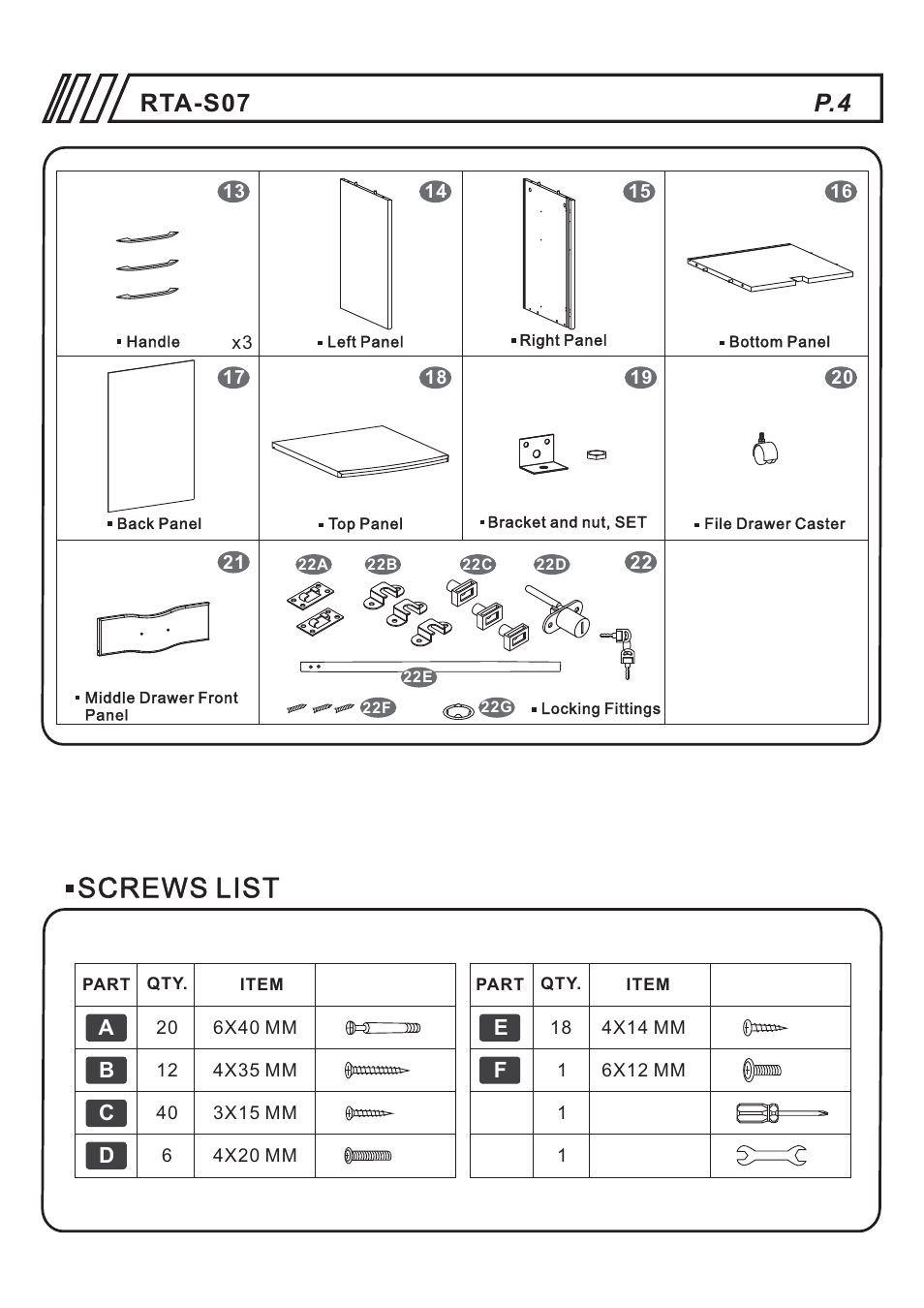 Screws list, Rta-s07 p.4 | RTA Products RTA-S07 User Manual | Page 4 / 17