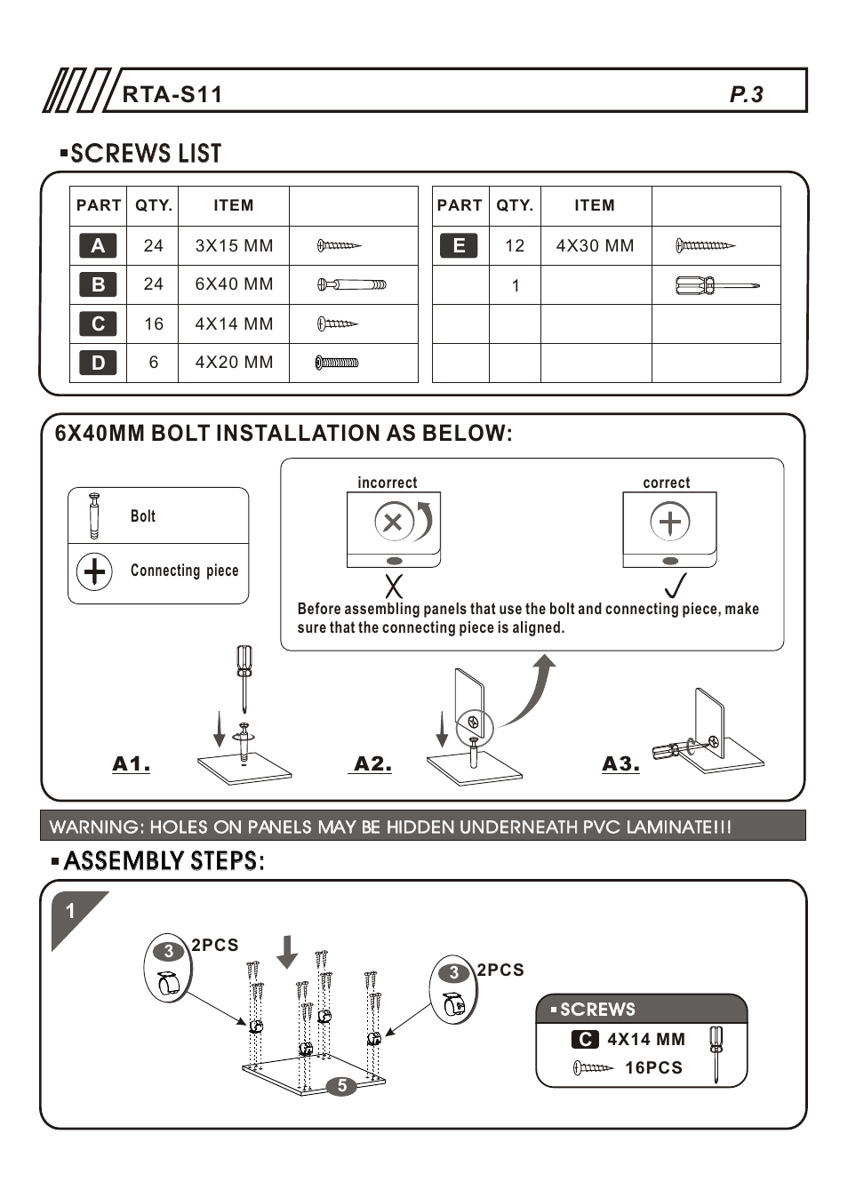 Screws list, Assembly steps, 6x40mm bolt installation as below | Rta-s11 | RTA Products RTA-S11 User Manual | Page 3 / 9