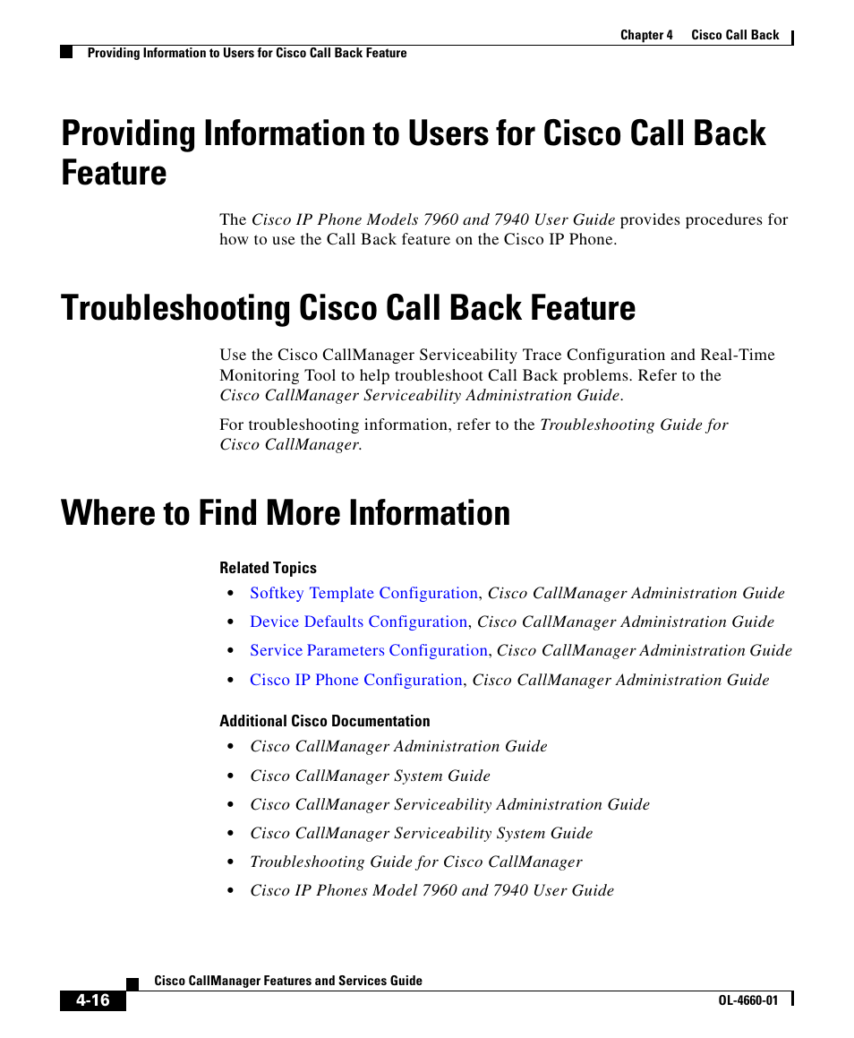 Troubleshooting cisco call back feature, Where to find more information | Cisco OL-4660-01 User Manual | Page 16 / 18