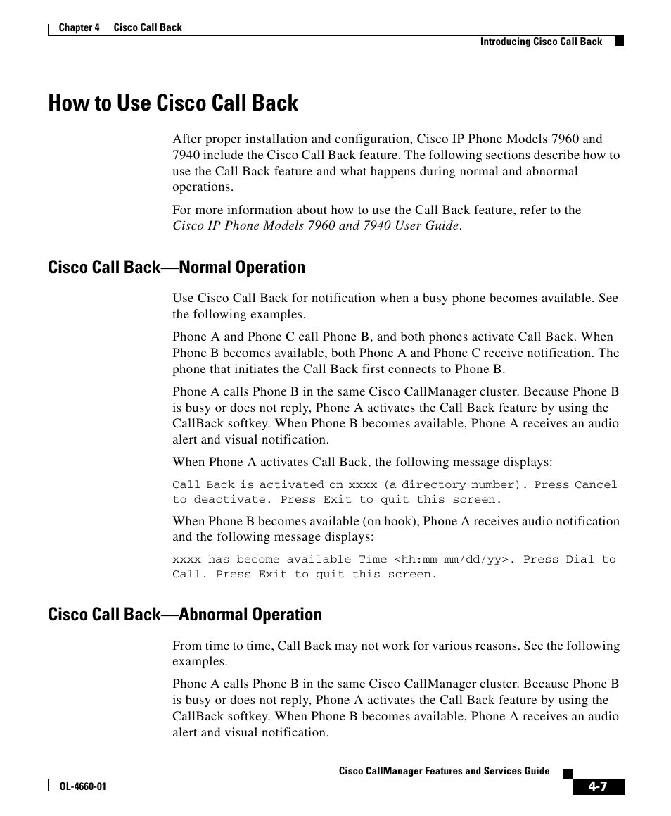 How to use cisco call back, Cisco call back-normal operation, Cisco call back-abnormal operation | Cisco call back—normal operation, Cisco call back—abnormal operation | Cisco OL-4660-01 User Manual | Page 7 / 18