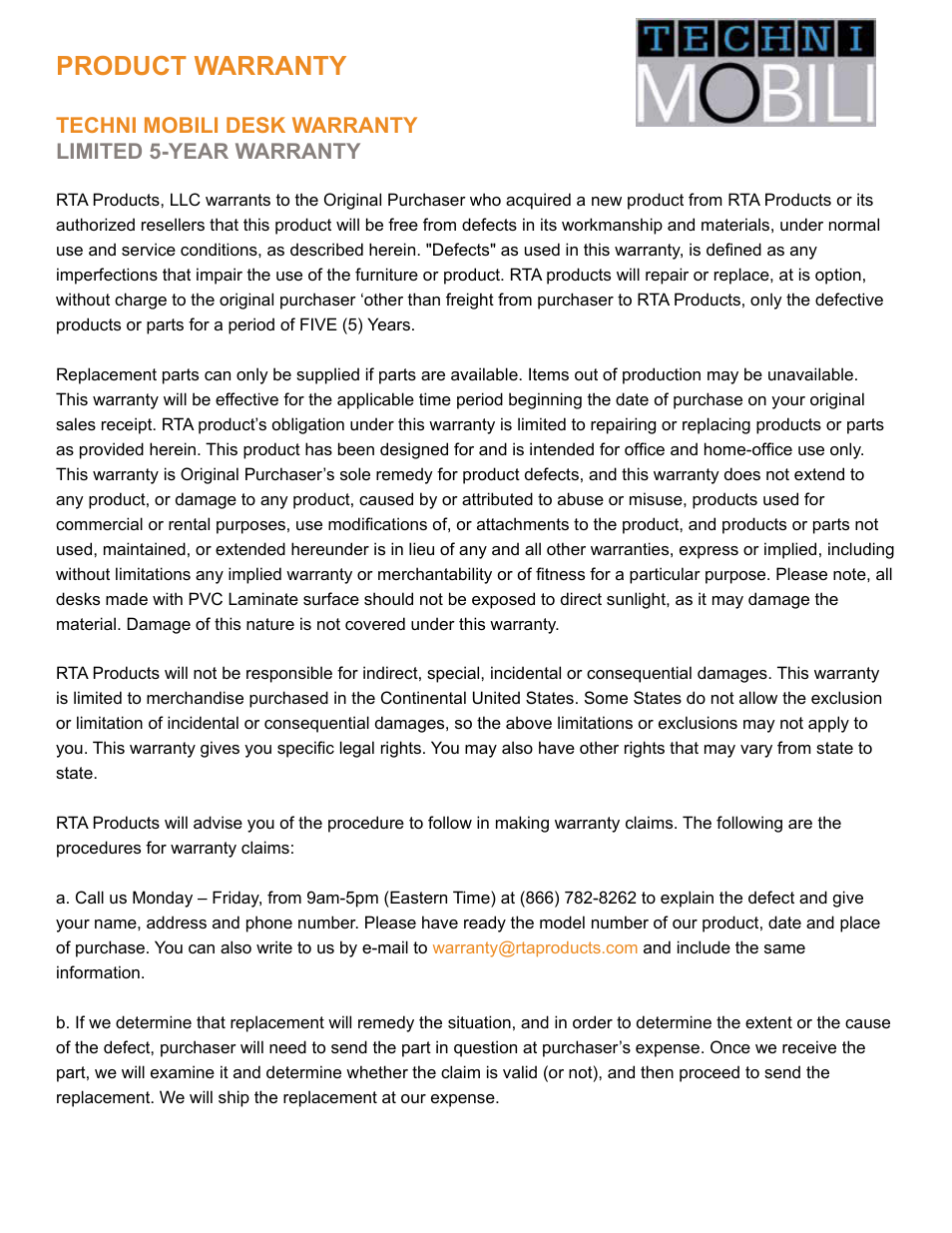 Product warranty | RTA Products RTA-1462 User Manual | Page 14 / 14