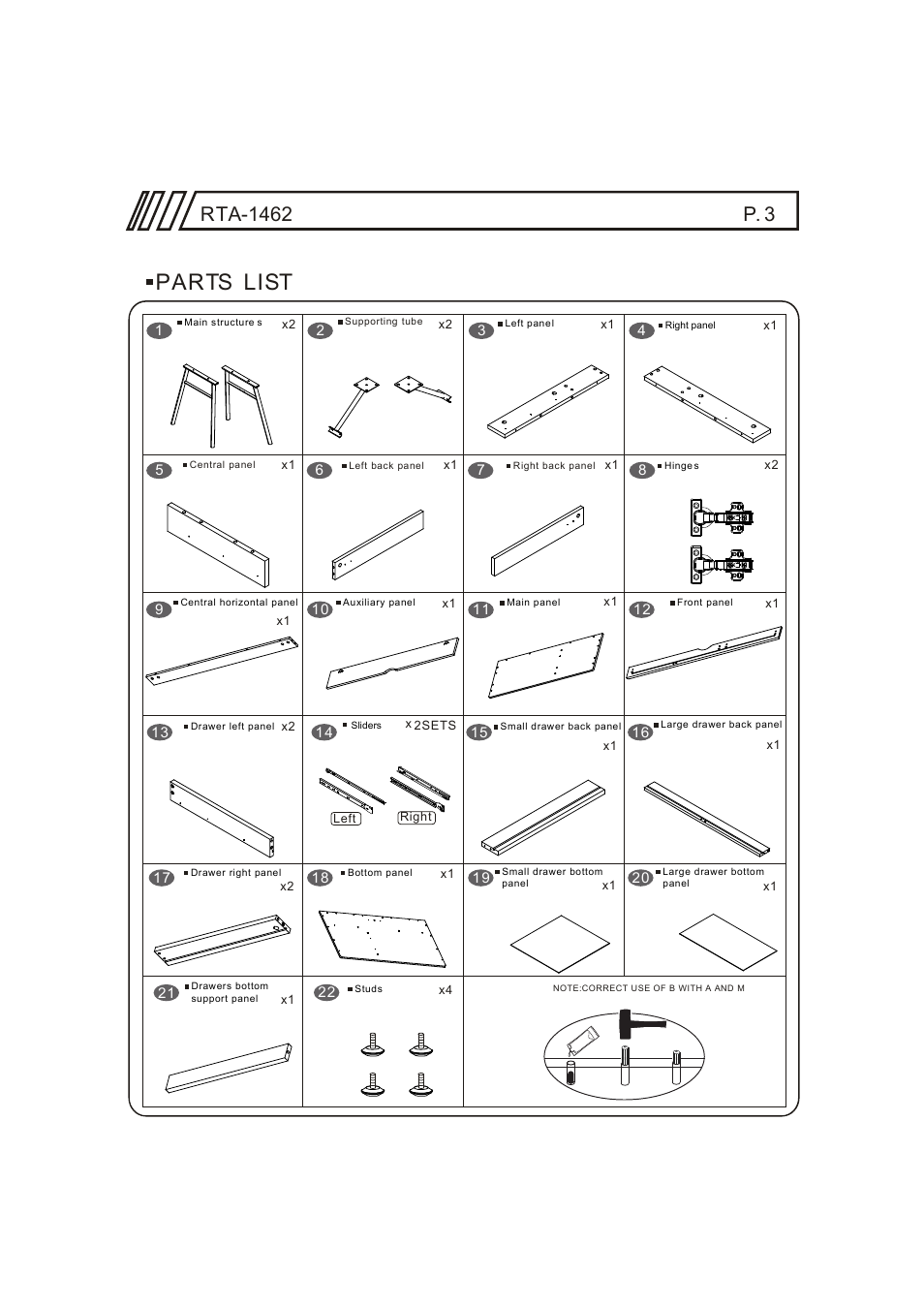 Parts list, P. 3, Rta-1462 | RTA Products RTA-1462 User Manual | Page 3 / 14