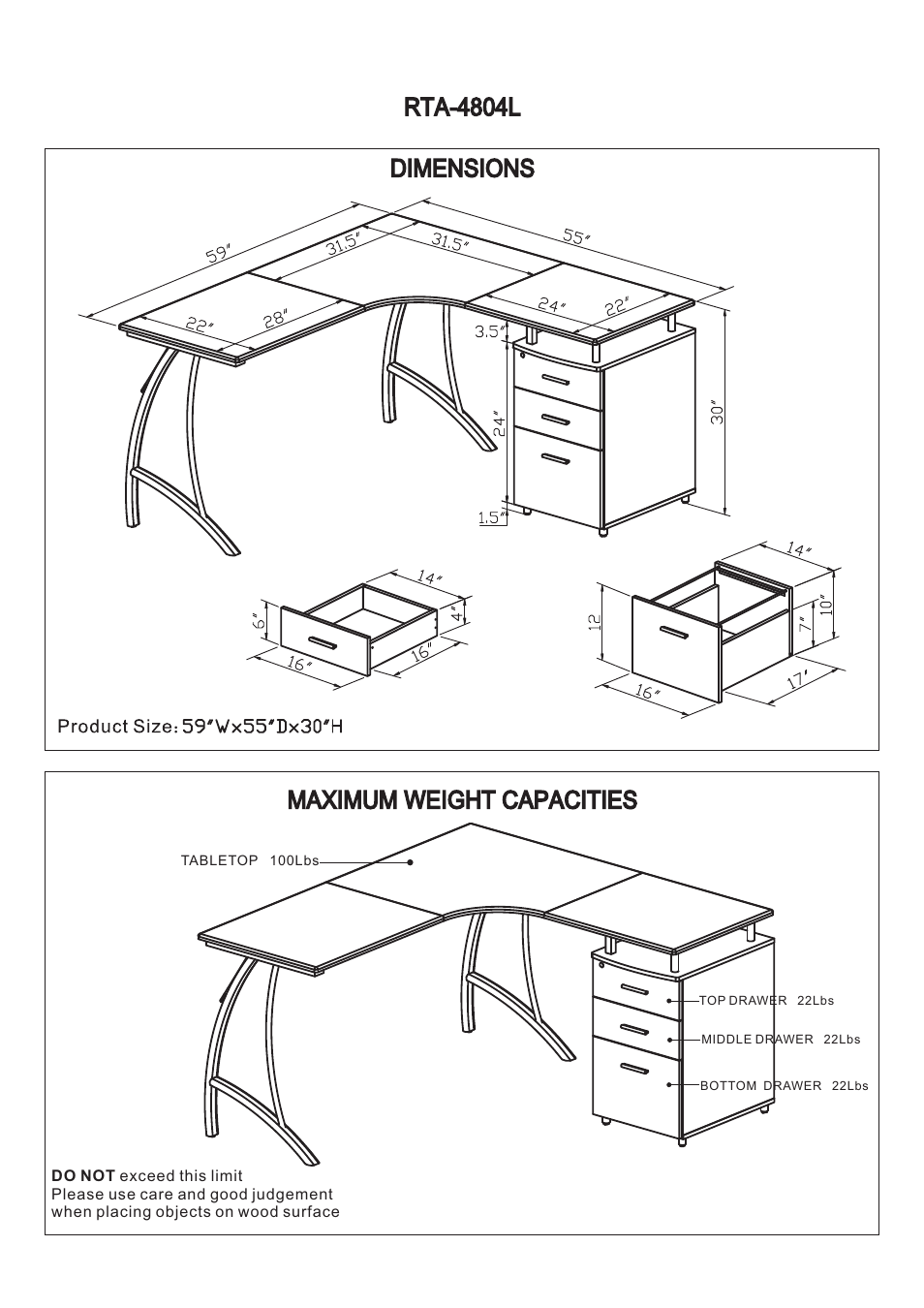 Rta-4804l, Dimensions maximum weight capacities | RTA Products RTA-4804L User Manual | Page 3 / 29