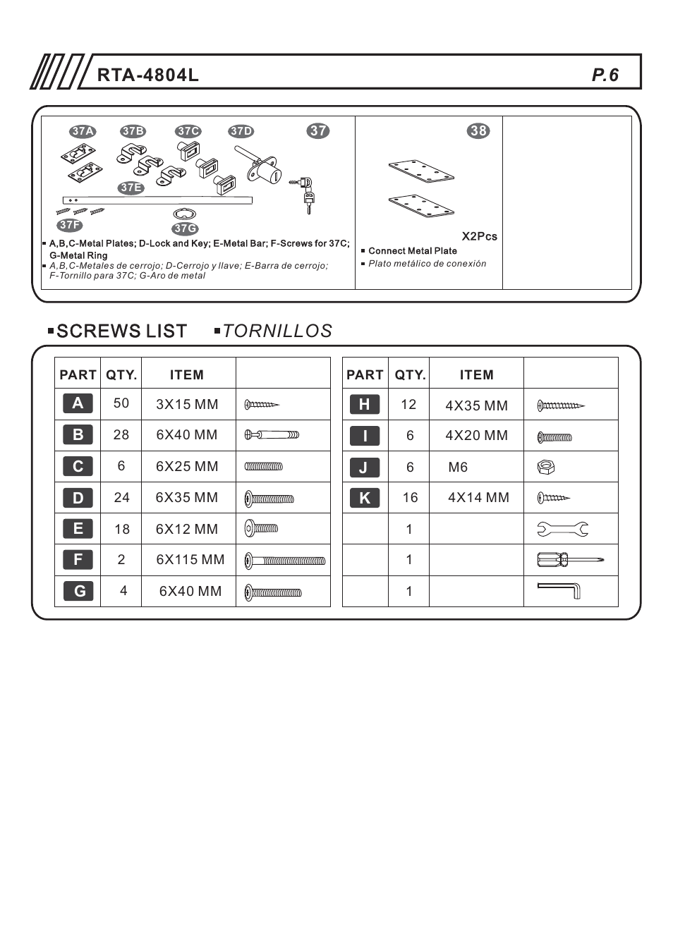 Tornillos | RTA Products RTA-4804L User Manual | Page 6 / 29