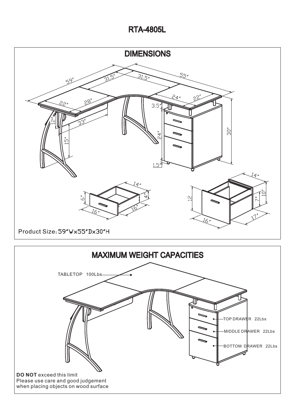 Rta-4805l, Dimensions maximum weight capacities | RTA Products RTA-4805L User Manual | Page 3 / 30