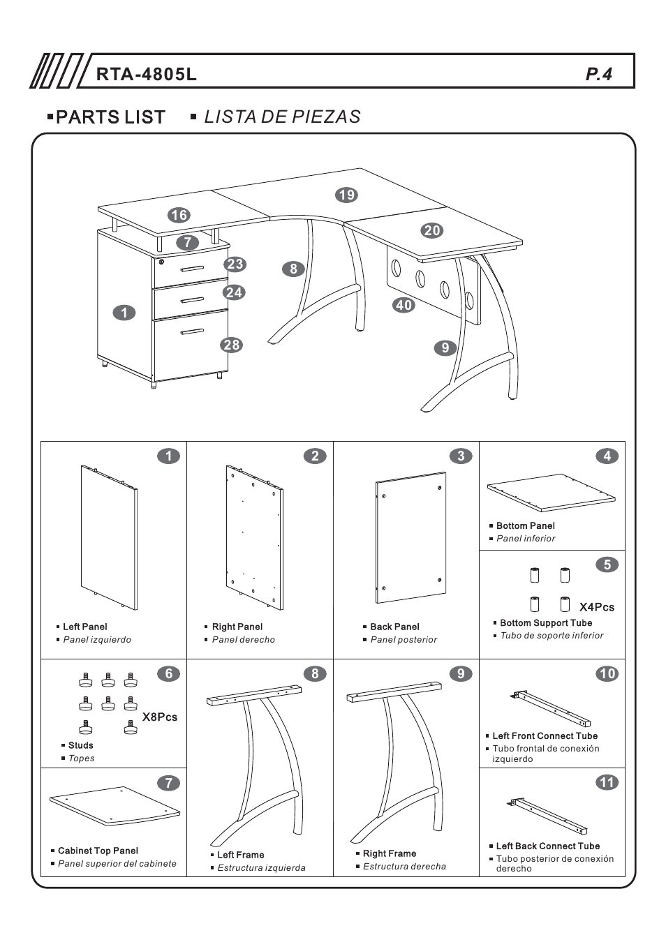 Parts list lista de piezas | RTA Products RTA-4805L User Manual | Page 4 / 30