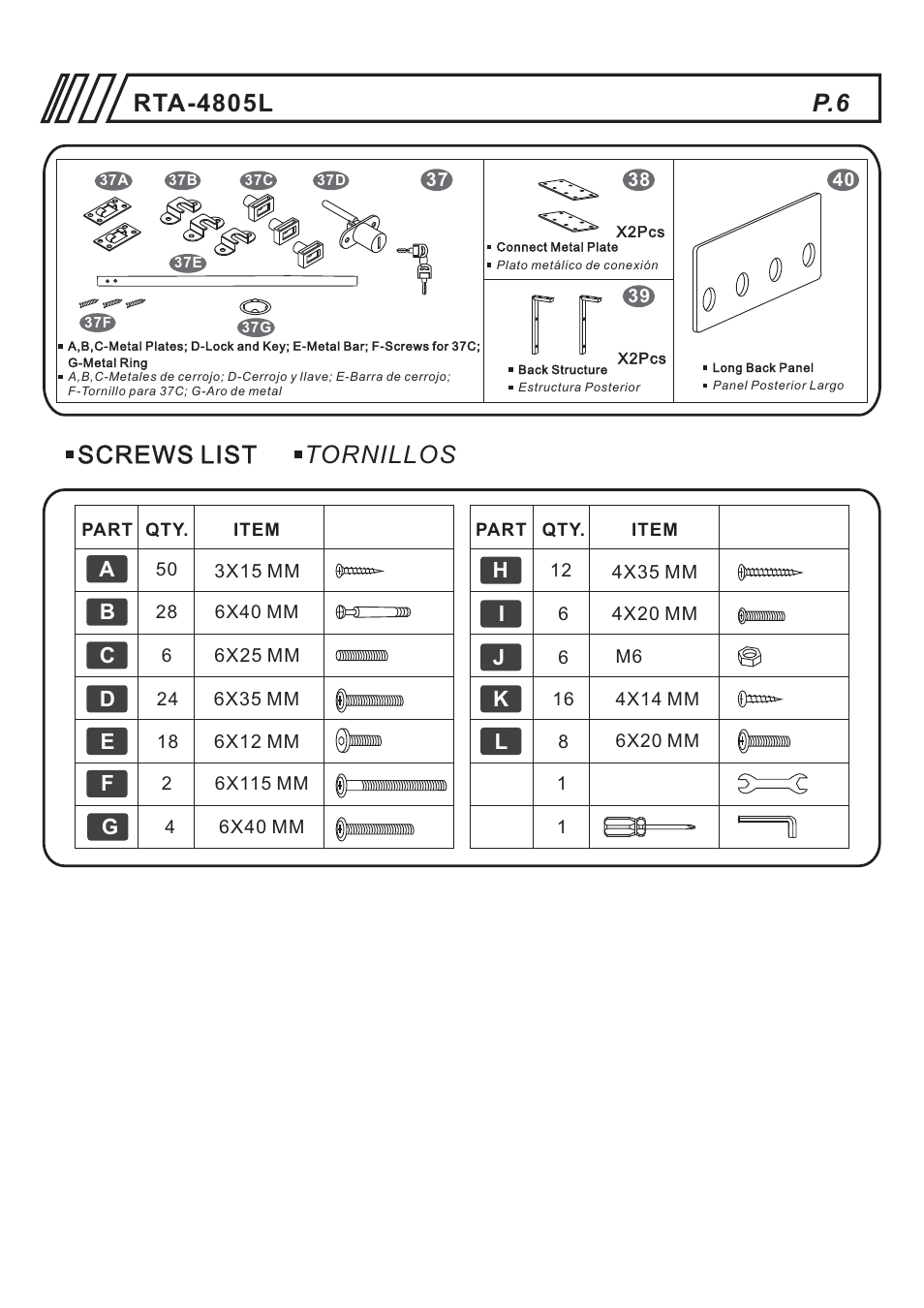 Screws list tornillos | RTA Products RTA-4805L User Manual | Page 6 / 30