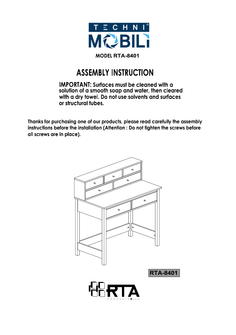 RTA Products RTA-8401 User Manual | 19 pages