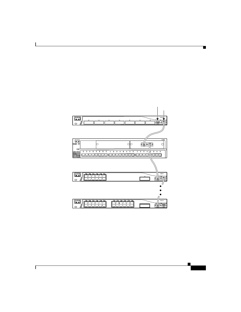 Cascaded stack connections, Figure 2-7 cascaded stack connections, Speed system rps status mode util duplx 2 | Speed system rps status mode util duplx, Port 1 port 2 | Cisco GigaStack WS-X3500-XL User Manual | Page 43 / 58