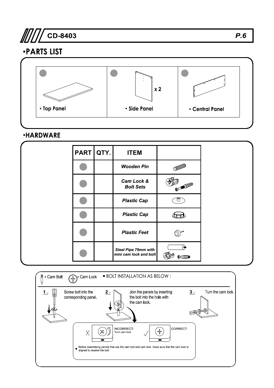 Qty. item, Part | RTA Products RTA-8403 User Manual | Page 6 / 10