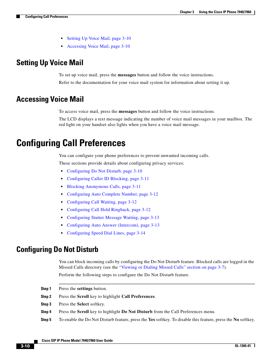 Setting up voice mail, Accessing voice mail, Configuring call preferences | Configuring do not disturb | Cisco ip phone 7960 User Manual | Page 10 / 14