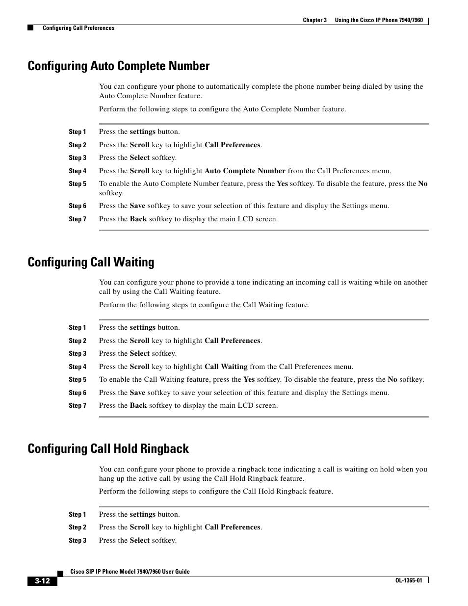 Configuring auto complete number, Configuring call waiting, Configuring call hold ringback | Cisco ip phone 7960 User Manual | Page 12 / 14