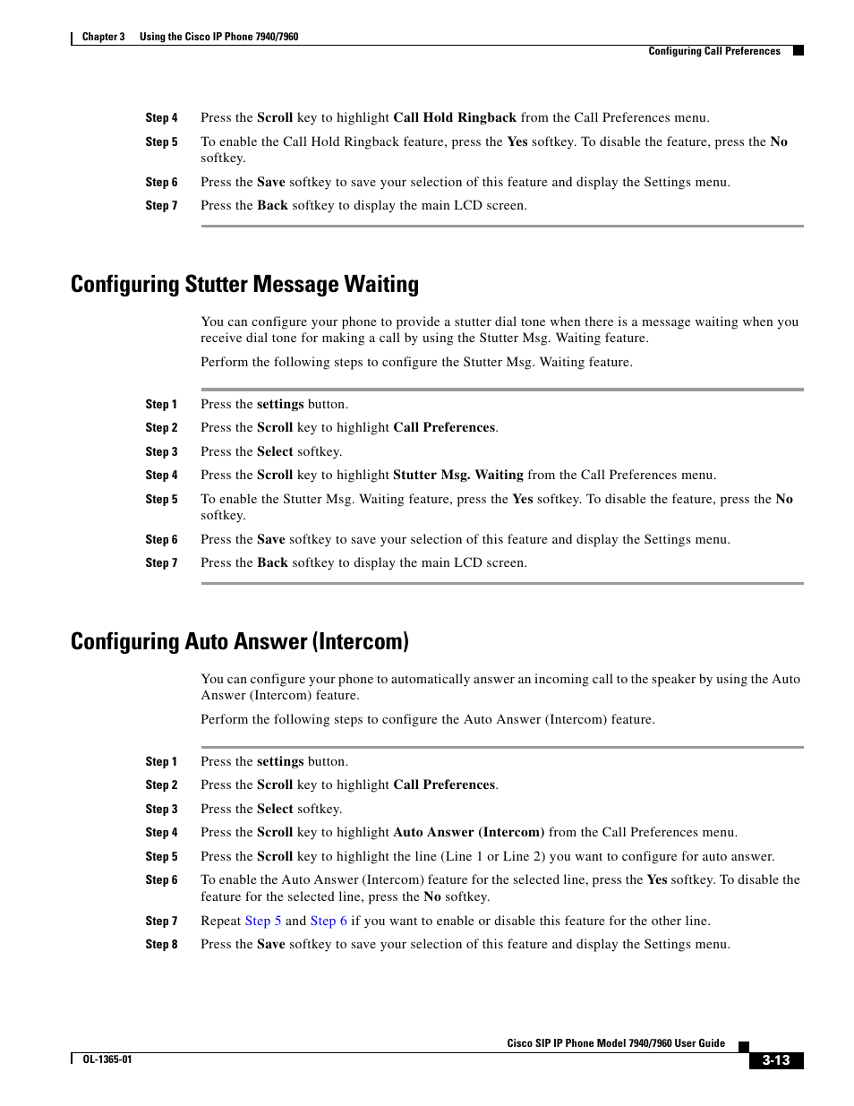 Configuring stutter message waiting, Configuring auto answer (intercom) | Cisco ip phone 7960 User Manual | Page 13 / 14