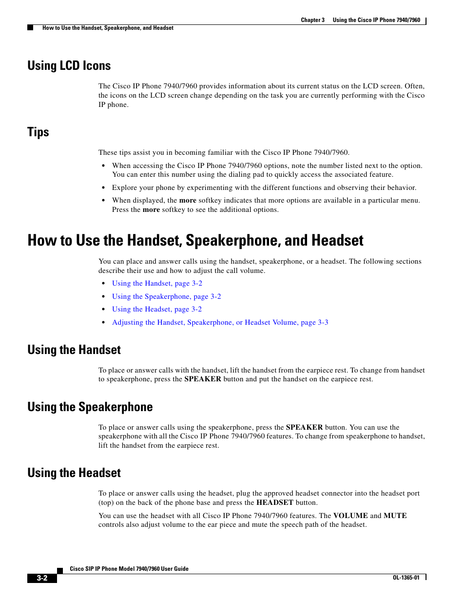 Using lcd icons, Tips, How to use the handset, speakerphone, and headset | Using the handset, Using the speakerphone, Using the headset | Cisco ip phone 7960 User Manual | Page 2 / 14