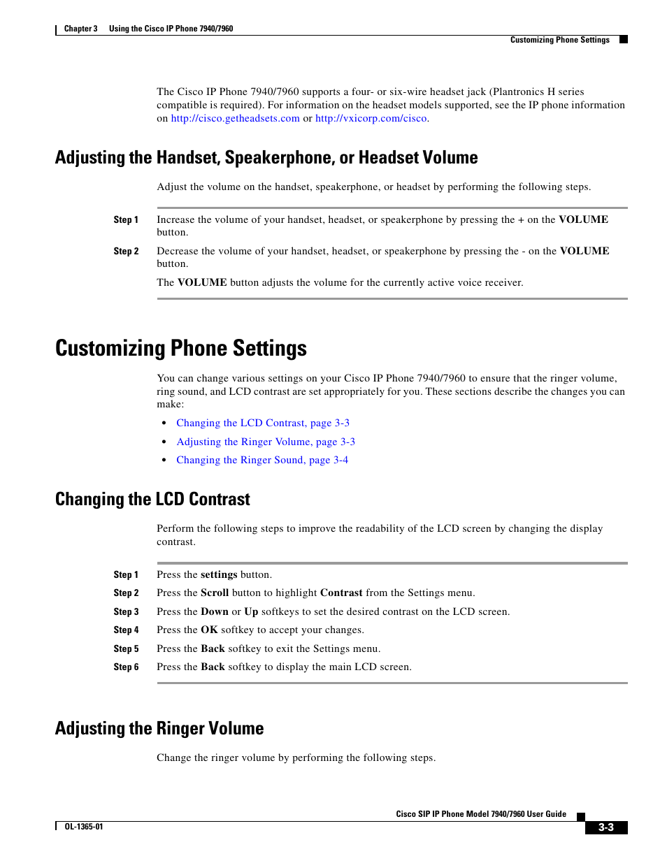 Customizing phone settings, Changing the lcd contrast, Adjusting the ringer volume | Cisco ip phone 7960 User Manual | Page 3 / 14