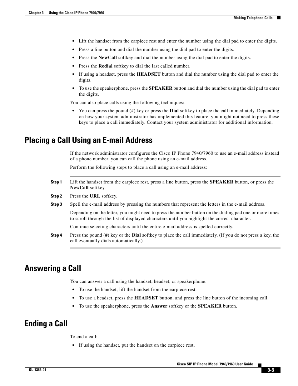 Placing a call using an e-mail address, Answering a call, Ending a call | Cisco ip phone 7960 User Manual | Page 5 / 14