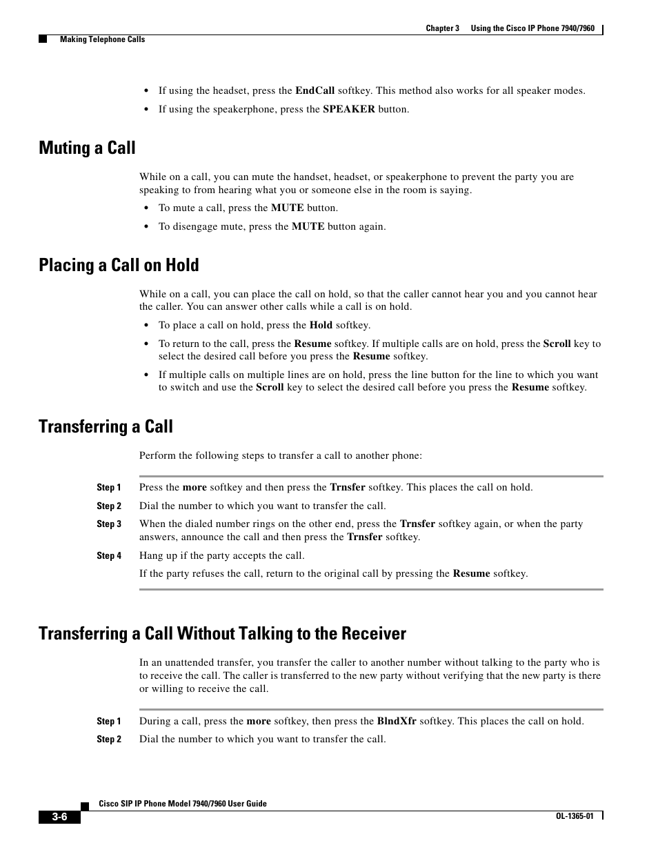 Muting a call, Placing a call on hold, Transferring a call | Cisco ip phone 7960 User Manual | Page 6 / 14
