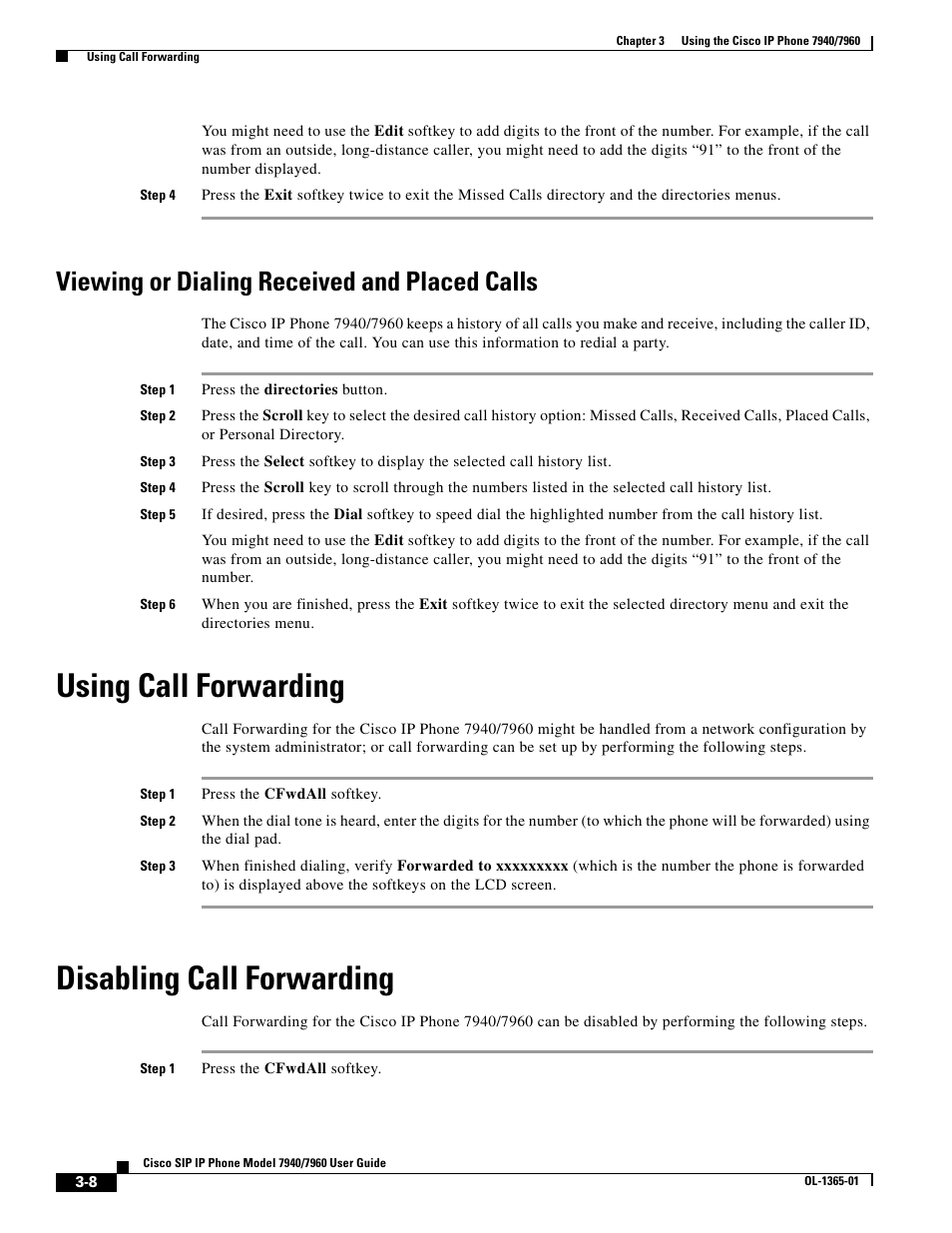 Viewing or dialing received and placed calls, Using call forwarding, Disabling call forwarding | Cisco ip phone 7960 User Manual | Page 8 / 14