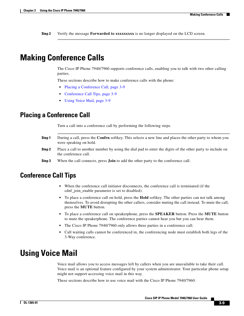 Making conference calls, Placing a conference call, Conference call tips | Using voice mail | Cisco ip phone 7960 User Manual | Page 9 / 14