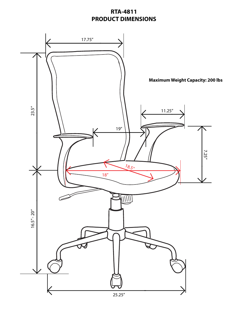 Rta-4811 product dimensions | RTA Products RTA-4811 User Manual | Page 2 / 3