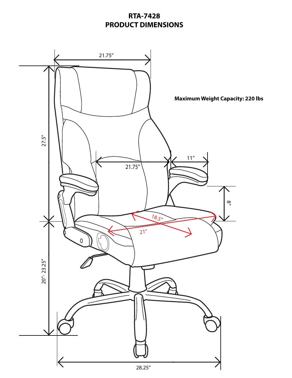 Rta-7428 product dimensions | RTA Products RTA-7428 User Manual | Page 2 / 3